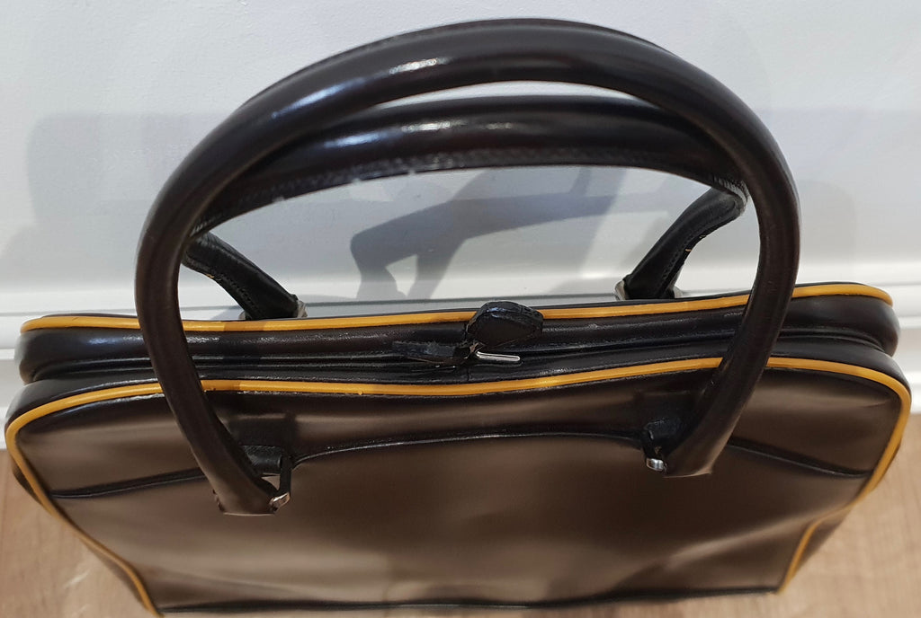 PRADA MILANO Chocolate Brown Leather Orange Trim Branded Dual Handle Tote Bag