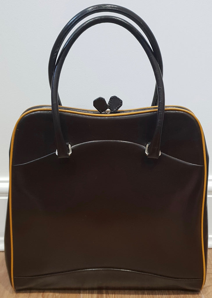 PRADA MILANO Chocolate Brown Leather Orange Trim Branded Dual Handle Tote Bag