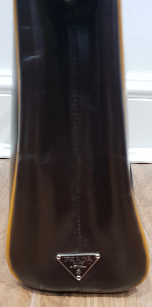 PRADA MILANO Chocolate Brown Leather Orange Trim Branded Dual Handle Tote Bag