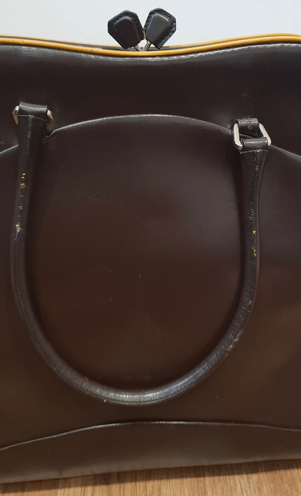 PRADA MILANO Chocolate Brown Leather Orange Trim Branded Dual Handle Tote Bag