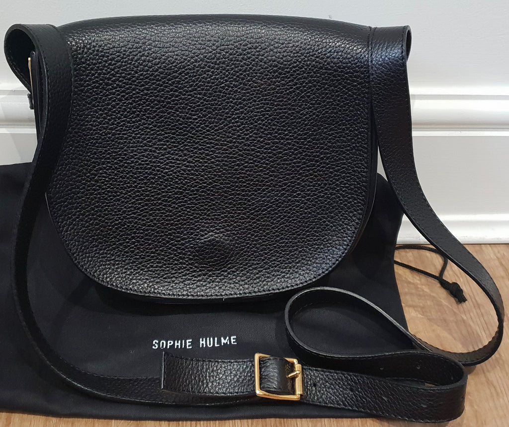 SOPHIE HULME LONDON Black Textured Leather Gold Tone Trim Shoulder Saddle Bag