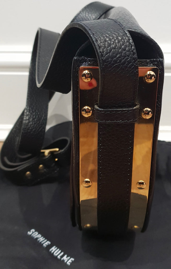 SOPHIE HULME LONDON Black Textured Leather Gold Tone Trim Shoulder Saddle Bag