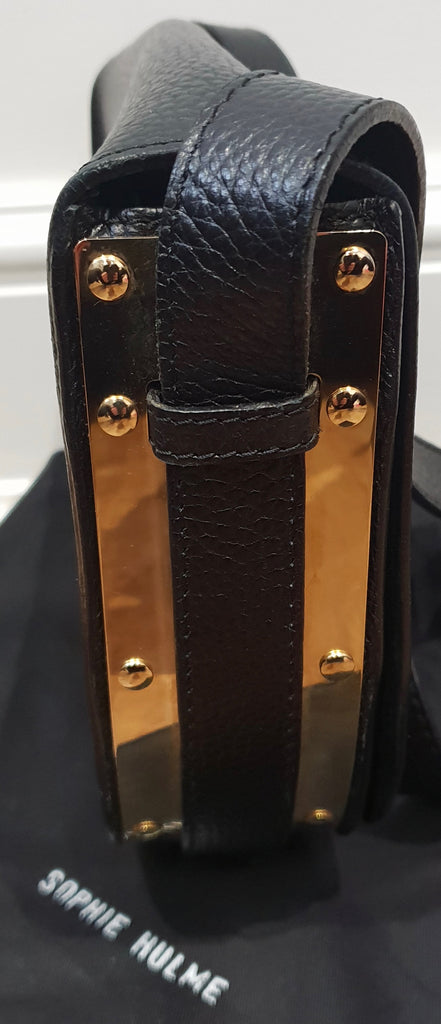 SOPHIE HULME LONDON Black Textured Leather Gold Tone Trim Shoulder Saddle Bag