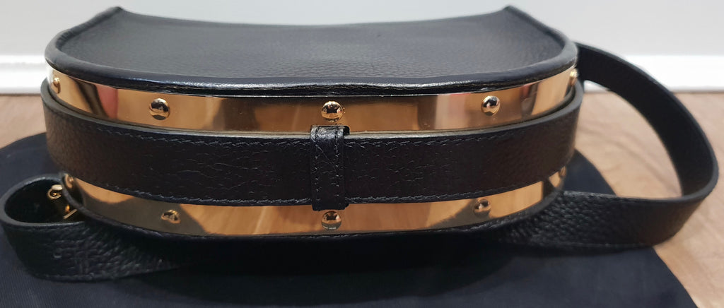 SOPHIE HULME LONDON Black Textured Leather Gold Tone Trim Shoulder Saddle Bag