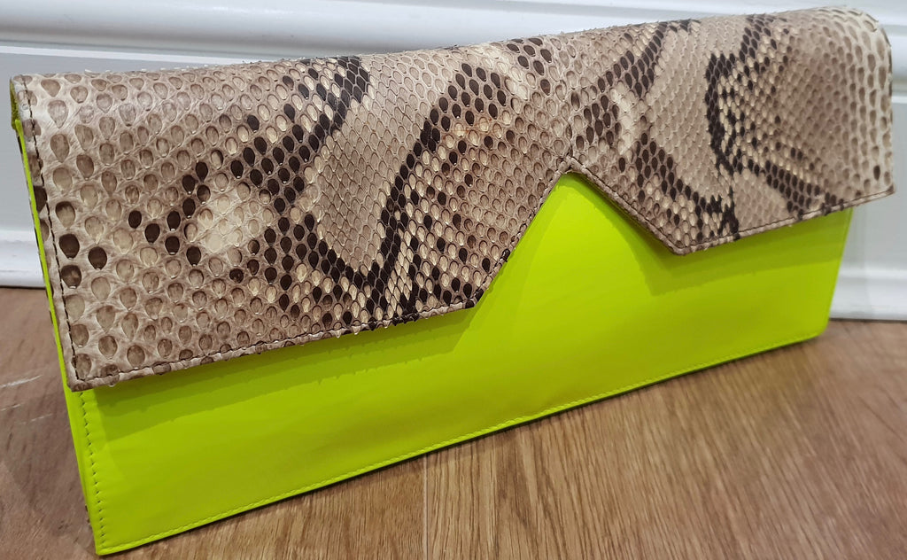 WALTER STEIGER Neon Yellow Beige Snake Print Leather Small Clutch Shoulder Bag