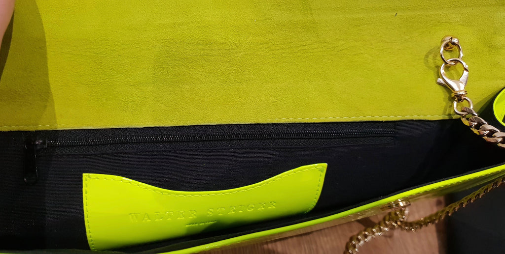 WALTER STEIGER Neon Yellow Beige Snake Print Leather Small Clutch Shoulder Bag