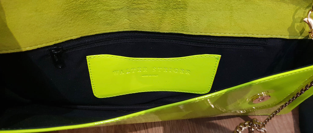 WALTER STEIGER Neon Yellow Beige Snake Print Leather Small Clutch Shoulder Bag