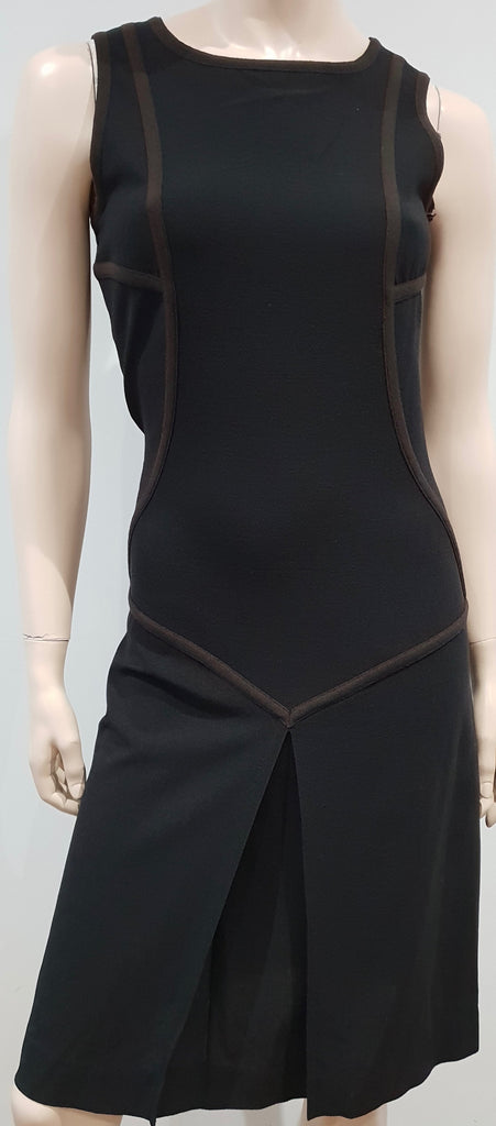 CESARE FABBRI Black Brown Trim Virgin Wool Blend Sleeveless Pencil Dress 42 UK10