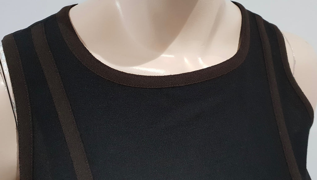 CESARE FABBRI Black Brown Trim Virgin Wool Blend Sleeveless Pencil Dress 42 UK10