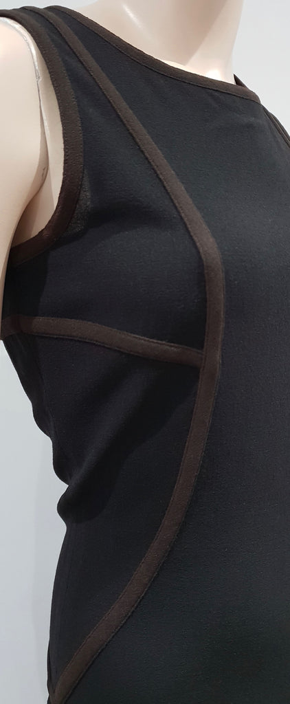 CESARE FABBRI Black Brown Trim Virgin Wool Blend Sleeveless Pencil Dress 42 UK10