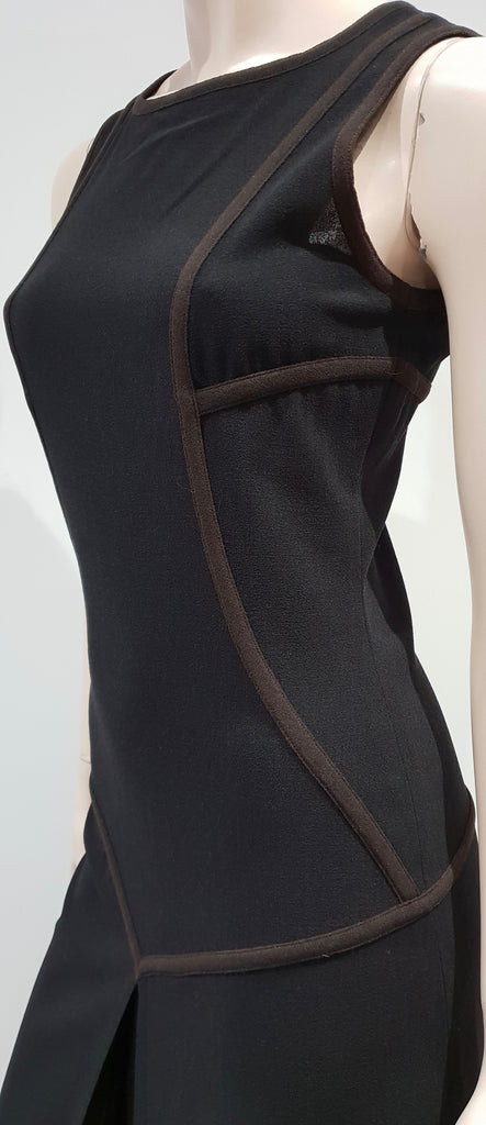 CESARE FABBRI Black Brown Trim Virgin Wool Blend Sleeveless Pencil Dress 42 UK10