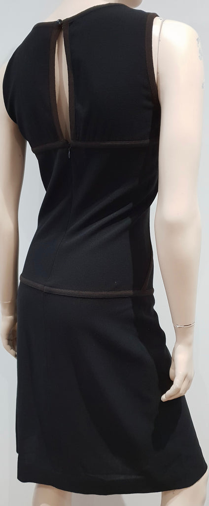 CESARE FABBRI Black Brown Trim Virgin Wool Blend Sleeveless Pencil Dress 42 UK10