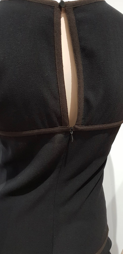 CESARE FABBRI Black Brown Trim Virgin Wool Blend Sleeveless Pencil Dress 42 UK10