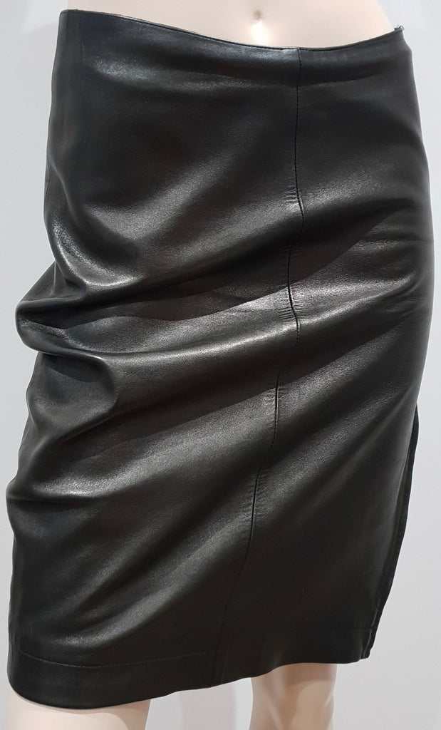 JOSEPH Made In France Black Leather Exposed Silver Zipper Lined Pencil Skirt 38