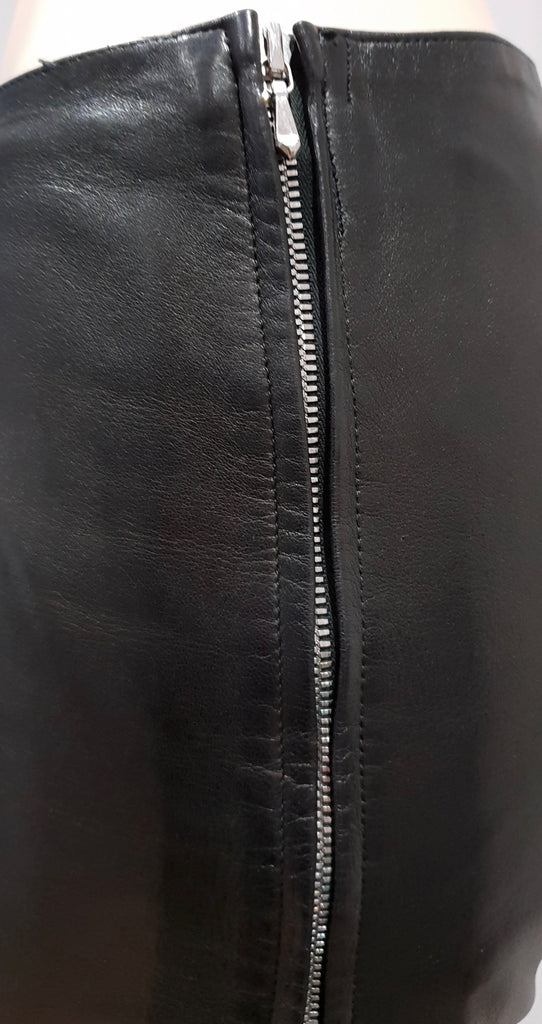 JOSEPH Made In France Black Leather Exposed Silver Zipper Lined Pencil Skirt 38