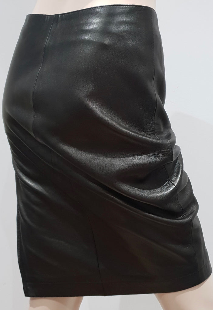 JOSEPH Made In France Black Leather Exposed Silver Zipper Lined Pencil Skirt 38