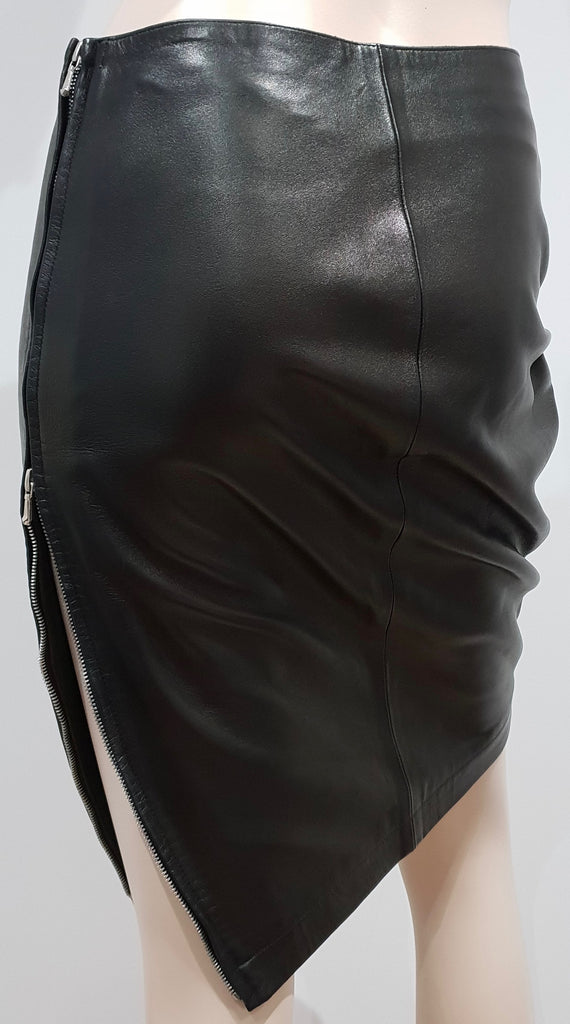 JOSEPH Made In France Black Leather Exposed Silver Zipper Lined Pencil Skirt 38