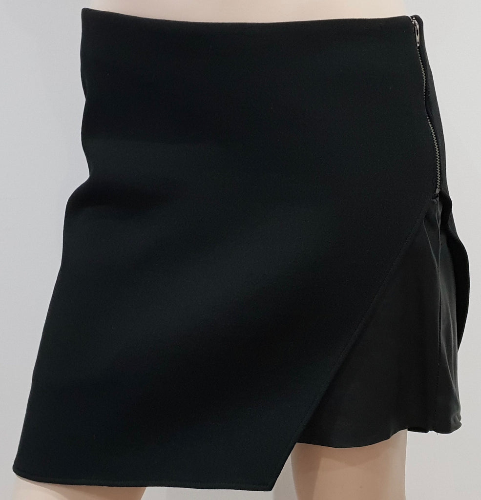 HELMUT LANG Black Wool Blend & Leather Panel Lined Short Mini Skirt 8 UK12