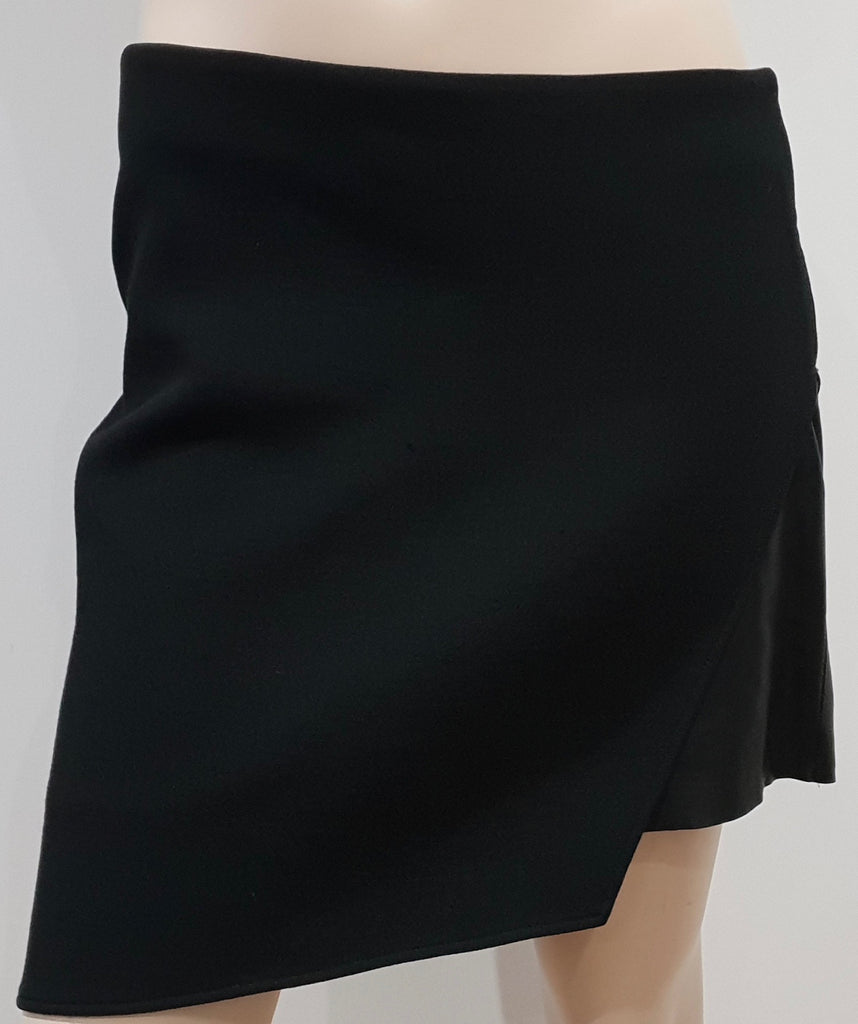 HELMUT LANG Black Wool Blend & Leather Panel Lined Short Mini Skirt 8 UK12