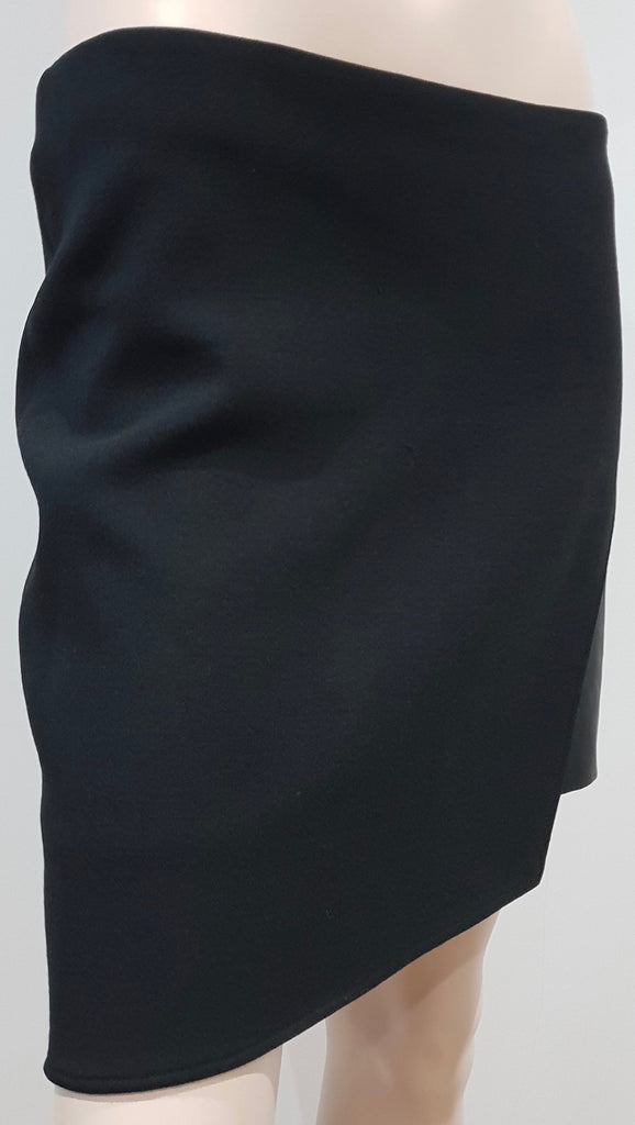 HELMUT LANG Black Wool Blend & Leather Panel Lined Short Mini Skirt 8 UK12