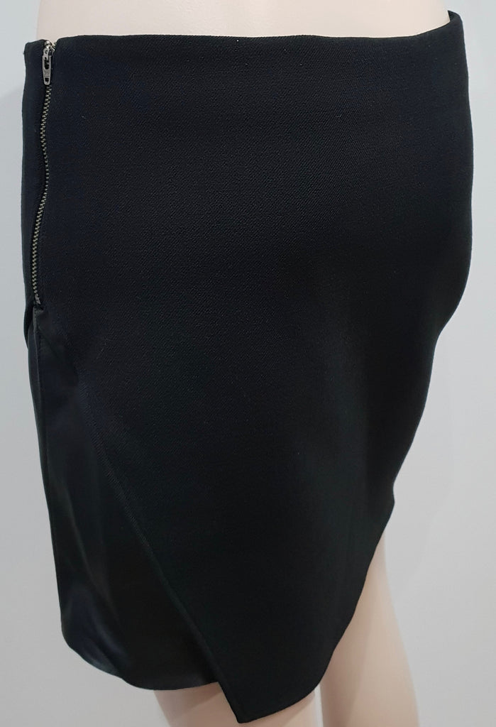HELMUT LANG Black Wool Blend & Leather Panel Lined Short Mini Skirt 8 UK12