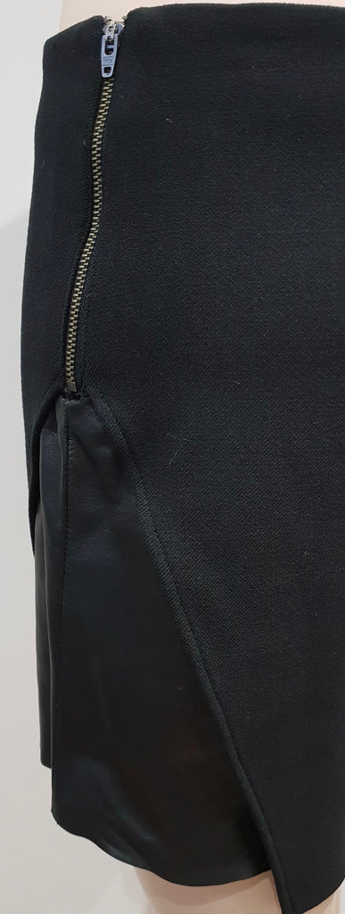 HELMUT LANG Black Wool Blend & Leather Panel Lined Short Mini Skirt 8 UK12