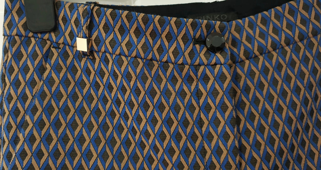 PINKO Blue Beige Black Diamond Pattern Tapered Crop Capri Trousers Pants 44 UK12