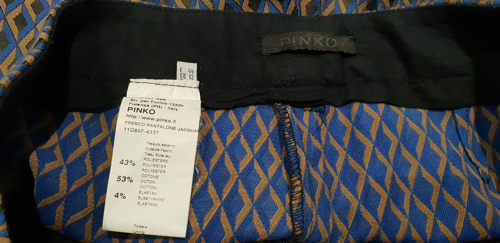 PINKO Blue Beige Black Diamond Pattern Tapered Crop Capri Trousers Pants 44 UK12
