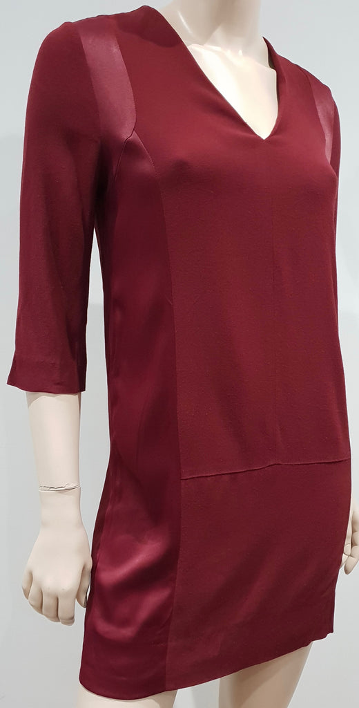 SANDRO PARIS Burgundy V Neck Satin Panel 3/4 Sleeve Short Mini Tunic Shift Dress