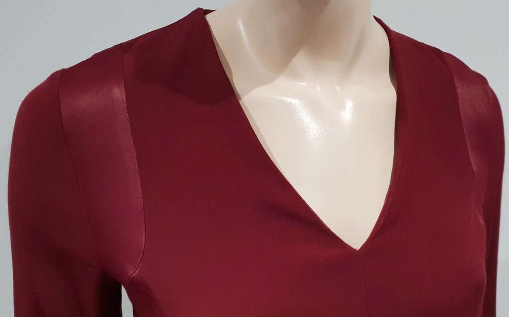 SANDRO PARIS Burgundy V Neck Satin Panel 3/4 Sleeve Short Mini Tunic Shift Dress