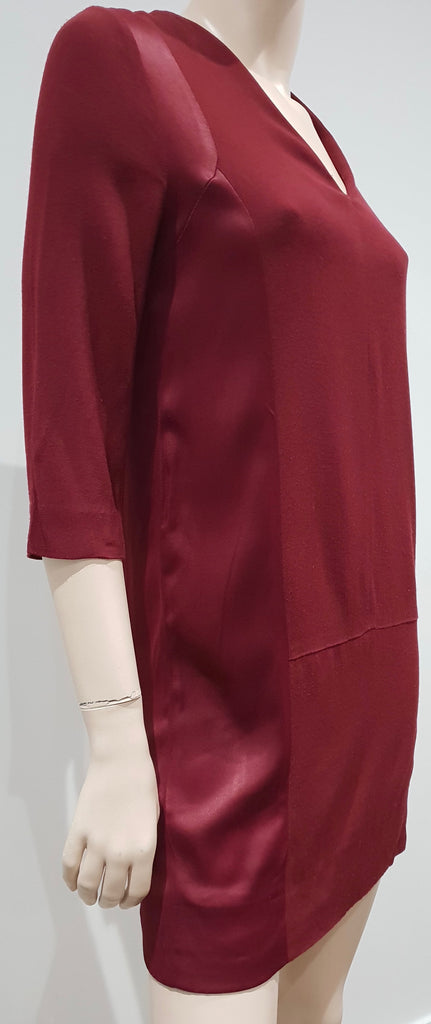 SANDRO PARIS Burgundy V Neck Satin Panel 3/4 Sleeve Short Mini Tunic Shift Dress