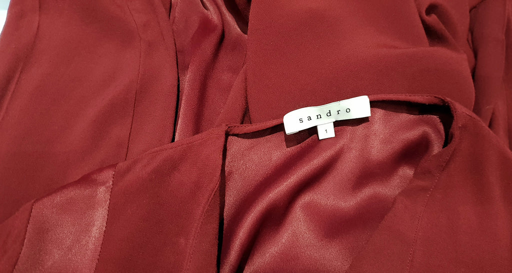 SANDRO PARIS Burgundy V Neck Satin Panel 3/4 Sleeve Short Mini Tunic Shift Dress