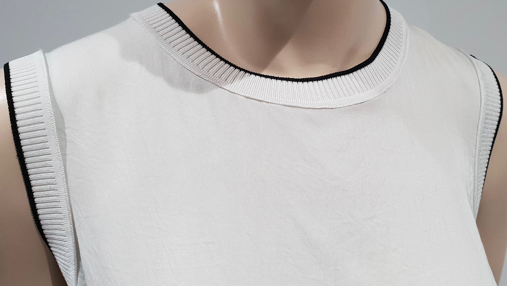 RAG & BONE Winter White Round Neck Black Trim Rib Panel Sleeveless Tank Vest Top