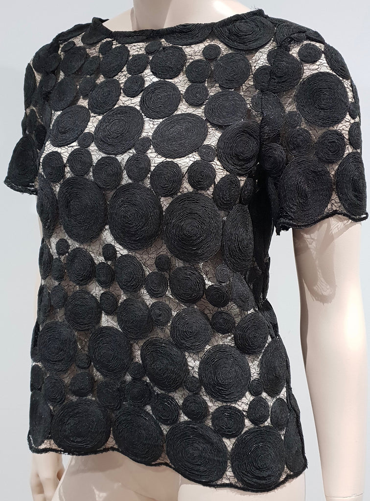 TARA JARMON Black Sheer Webbed & Circular Lace Short Sleeve Blouse Top 38 UK10