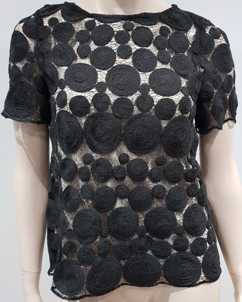 TARA JARMON Black Sheer Webbed & Circular Lace Short Sleeve Blouse Top 38 UK10
