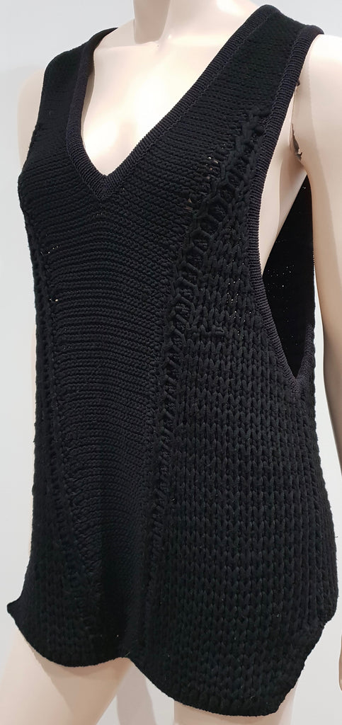 HELMUT LANG Black Linen Blend V Neck Sleeveless Chunky Knit Vest Jumper Top Sz:P