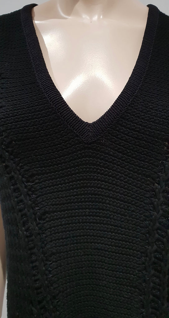 HELMUT LANG Black Linen Blend V Neck Sleeveless Chunky Knit Vest Jumper Top Sz:P