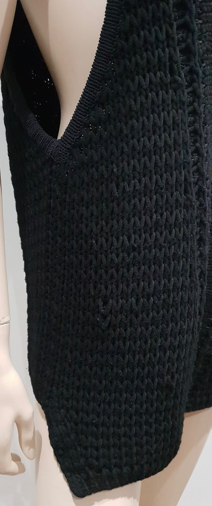 HELMUT LANG Black Linen Blend V Neck Sleeveless Chunky Knit Vest Jumper Top Sz:P