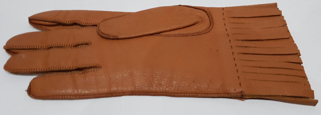 PRADA Made In Italy Women's Tan Camel Leather Silk Lined Fringed Gloves Sz:7.5