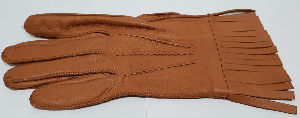 PRADA Made In Italy Women's Tan Camel Leather Silk Lined Fringed Gloves Sz:7.5