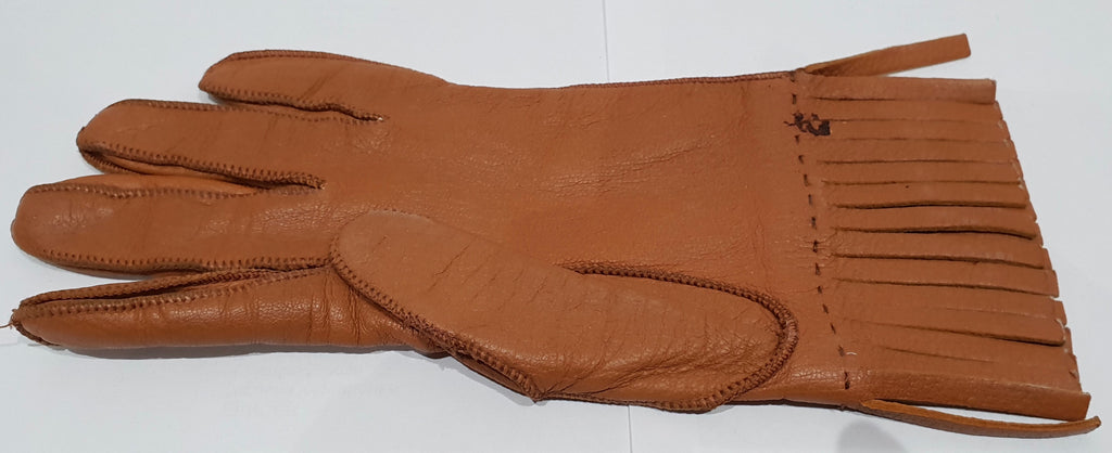 PRADA Made In Italy Women's Tan Camel Leather Silk Lined Fringed Gloves Sz:7.5