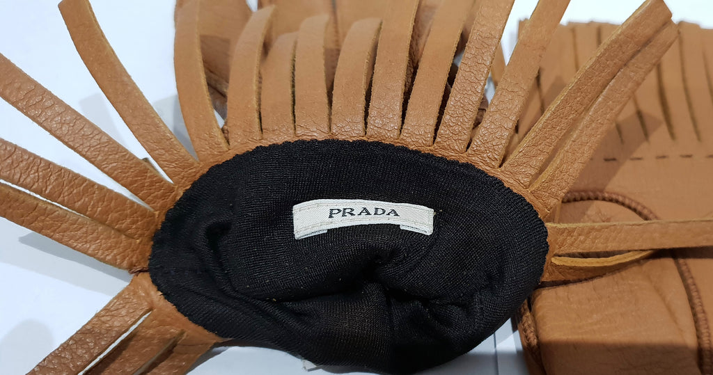 PRADA Made In Italy Women's Tan Camel Leather Silk Lined Fringed Gloves Sz:7.5