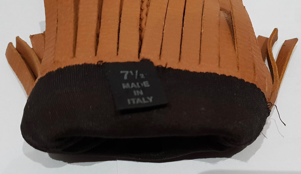 PRADA Made In Italy Women's Tan Camel Leather Silk Lined Fringed Gloves Sz:7.5