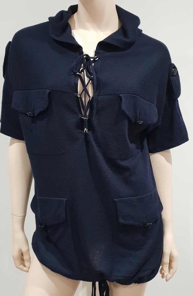 3.1 PHILLIP LIM Navy Blue Cashmere Tie Neck Hooded Short Length Jumper Sweater M