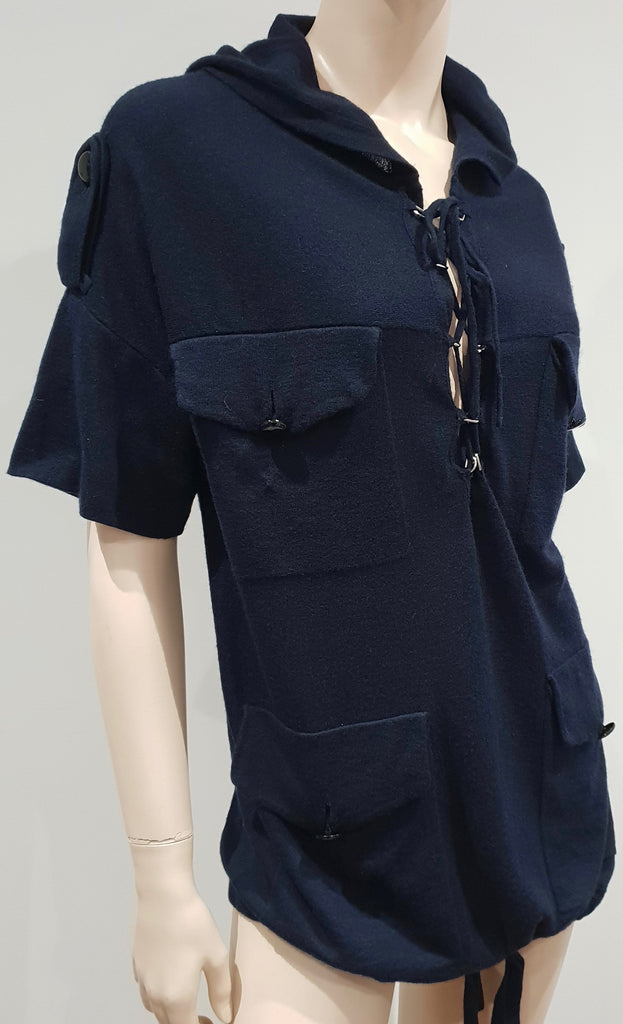 3.1 PHILLIP LIM Navy Blue Cashmere Tie Neck Hooded Short Length Jumper Sweater M