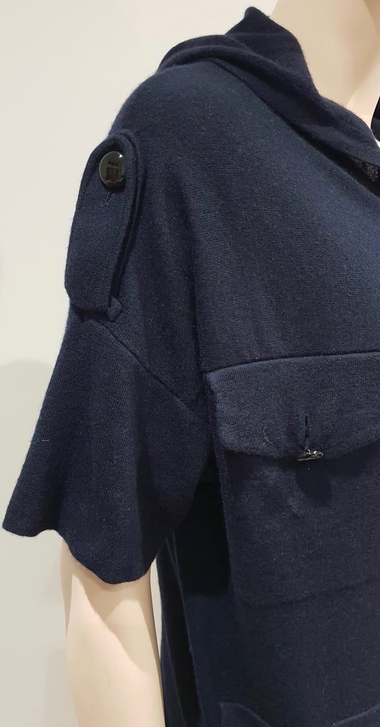 3.1 PHILLIP LIM Navy Blue Cashmere Tie Neck Hooded Short Length Jumper Sweater M