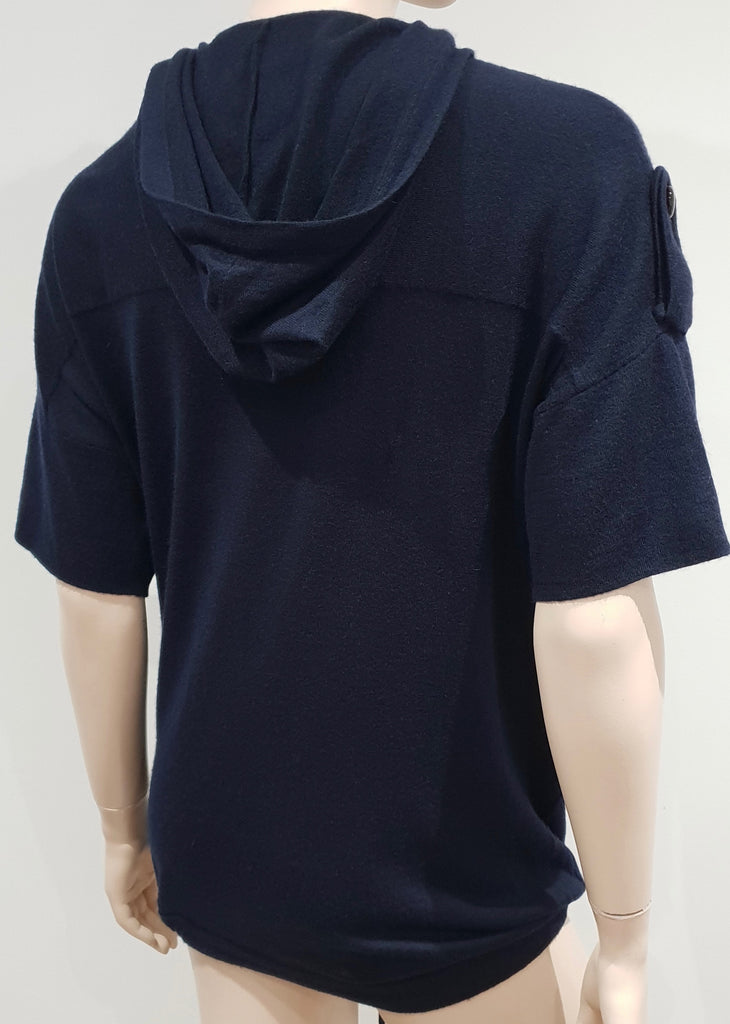3.1 PHILLIP LIM Navy Blue Cashmere Tie Neck Hooded Short Length Jumper Sweater M