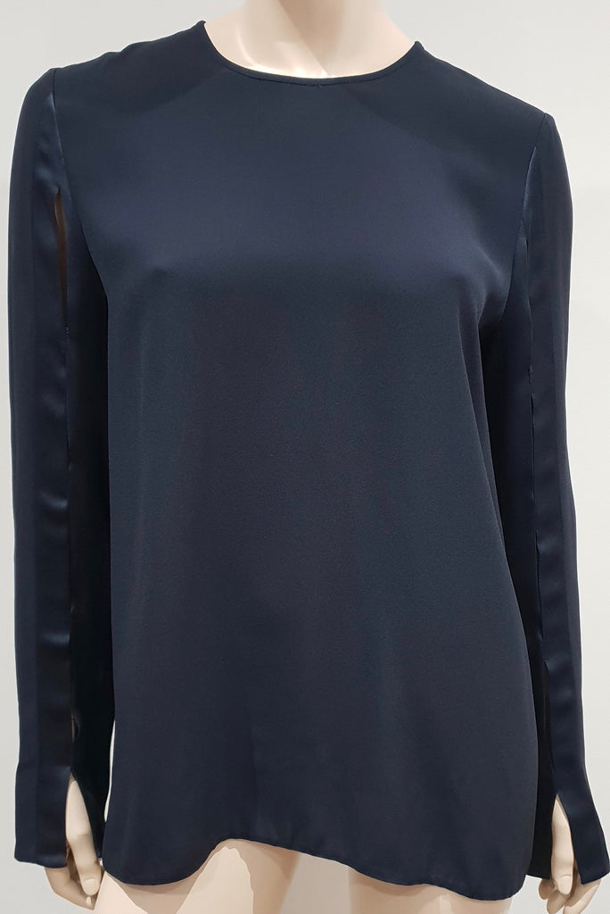 STELLA MCCARTNEY Navy Blue Satin Trim Long Sleeve Tunic Blouse Top IT42 UK12