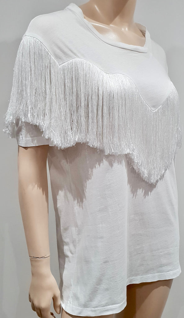 ACNE STUDIOS White Cotton JOSHI FRINGE Silk Blend Fringed T-Shirt Tee Top M