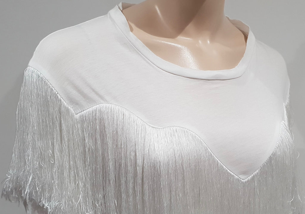 ACNE STUDIOS White Cotton JOSHI FRINGE Silk Blend Fringed T-Shirt Tee Top M